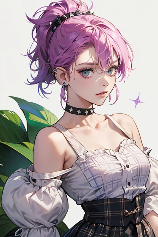 Scabitha wears a white t-shirt with rips on the sleeves and neckline, a green plaid shirt, and ripped fishnet stockings like her friend, Trash. She has a purple mohawk, though the rest of her head is shaved, and has piercings on her nose and ears. She also wears a studded choker and two pink bracelets. SPARKLE; GLITTER