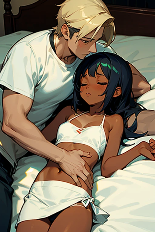 anime style depiction of a dark tan skinned girl clad in a bikini top and skirt, snuggled closely with a white handsome boy wearing a t-shirt, boy comforting girl's tummy, while sleeping in bed