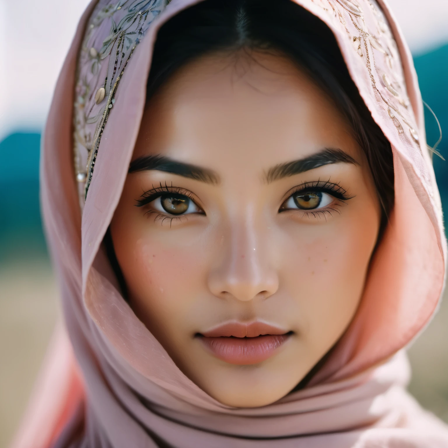 an eye contact of a Kyrgyz woman, grimace, primer, Intricate, cream eyeliner, stain lipstick, odd numbers, Button nose, Freckles, wearing a hijab, pink skin color, soft focus. 8k, highly detailed, detailed skin texture, natural skin texture, detailed cloth texture, perfect eyes, detailed eyes,, (high quality, best quality:1.3), Extremely high-resolution, amateur photo, Fujifilm Superia Premium 400, Nikon D850 film stock photograph Kodak Portra 400 camera f1.6 lens,