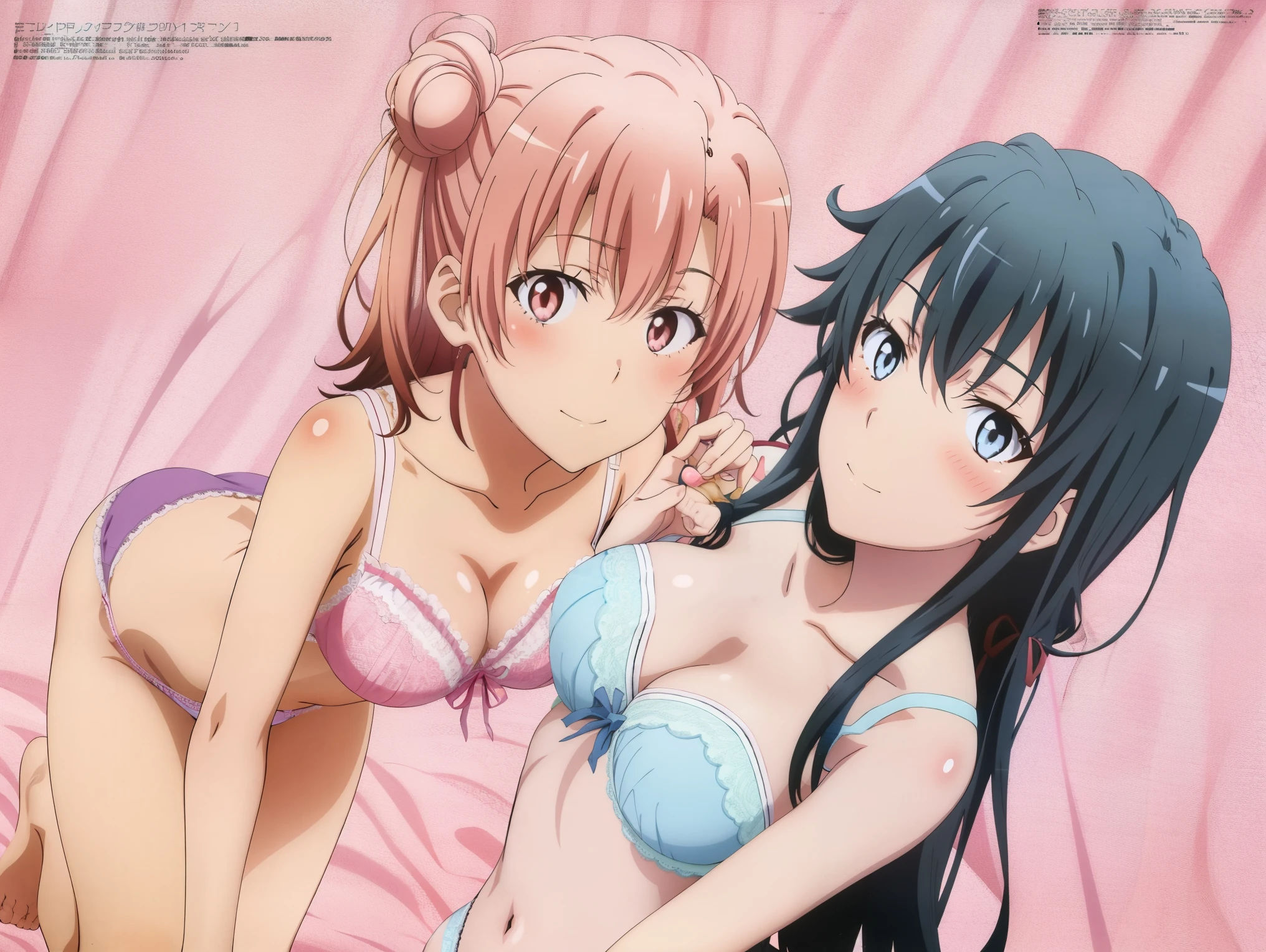 2 girls , Yukinoshita Yukino , yuigahama yui , waltz dance , In underwear,pink good、pink lace panties,Light Blue Bra,Light blue lace panties,high angle,blush,look at the camera,megami magazine,