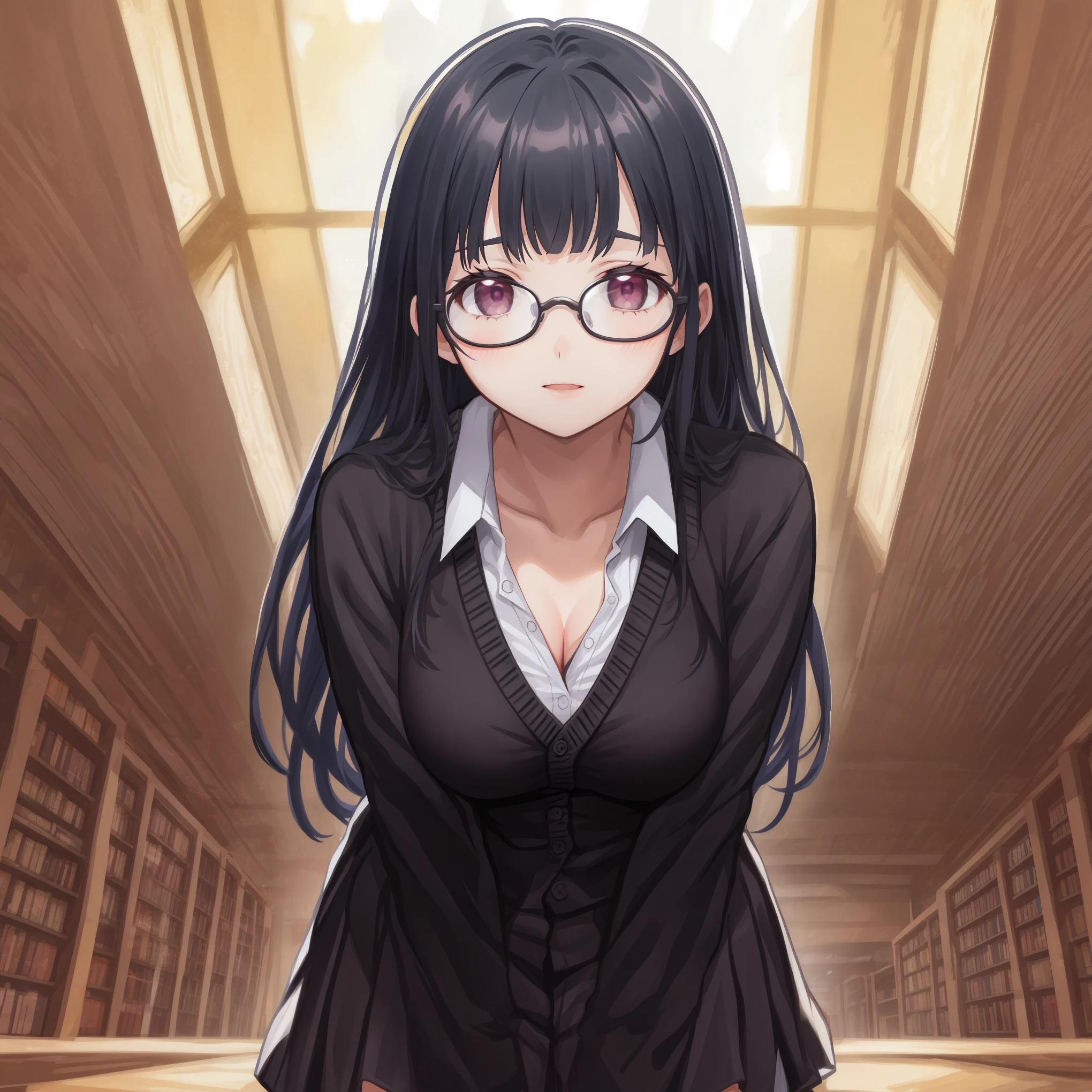 beautiful illustrations, highest quality, High-quality backgrounds,pretty girl,Library,Glasses,drooping eyes,From Below,put your hands on your knees,leaning forward,黒のcardigan,red ribbon,Detailed shirt chest wrinkles,white dress shirt,Long pleated skirt,long blunt deep side part bangs hair、Glasses,High-quality backgrounds,{{beautiful large breasts 1:4}},{{look far away}},{{{high school girl}}},{{cardigan,white dress shirt}},black hair,BREAK,{{beautiful eye1:4}},BREAK,five fingers