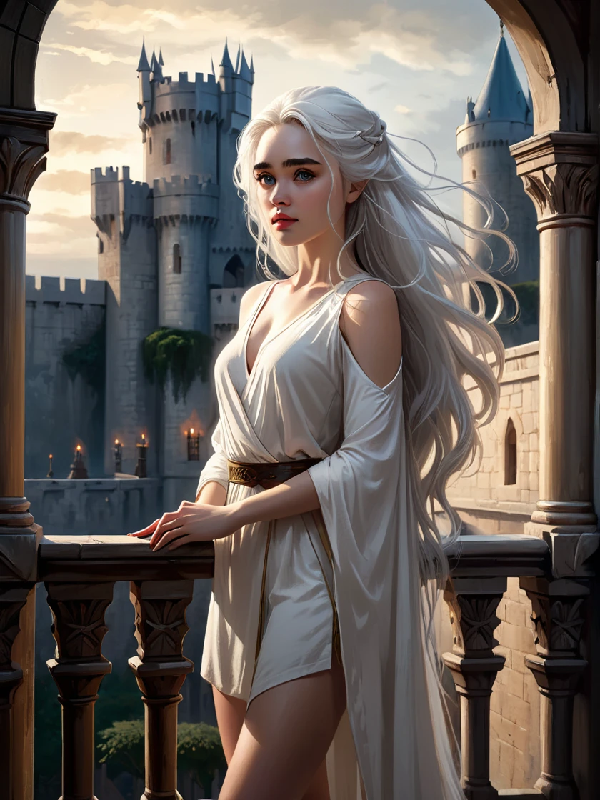 oil painting of (koh_emiliaclarke), (long hair:1.1), (standing in a balcony), (white tunic:1.1), perfect thighs, (game of thrones castle in the background:1.2), atmospheric lighting, cinematic composition, concept art, digital illustration, detailed, art by brian m viveros and maciej kuciara and mark keathley, natural light, 4K, high-detail, ((perfect eyes)), (detailed pupils), dimly lit, (white hair:1.3)