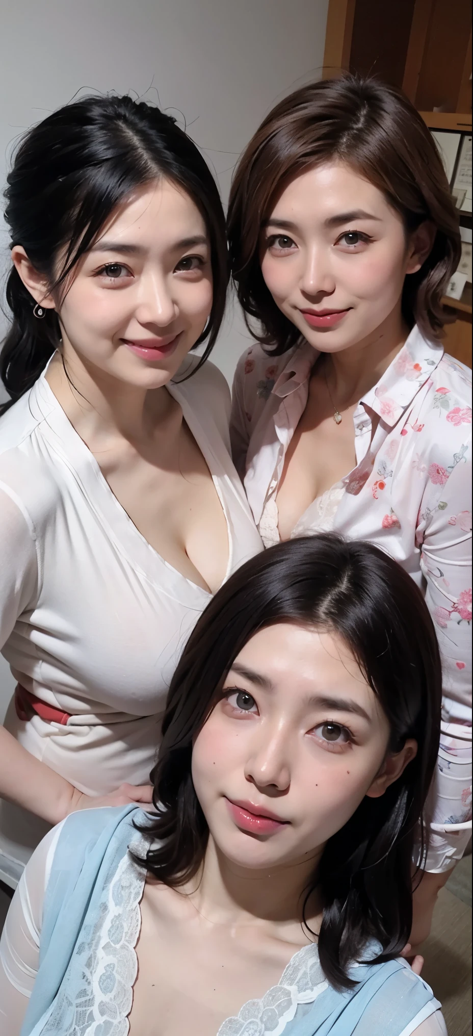 (((Japan&#39;s three most beautiful mothers take a group photo)))、Everyone has different types and hair styles, but they are beautiful.、((Everyone is obscene))、different postures、All wearing shirts of various colors、lace shirt，shirt，Deep V，Open the collar of your shirt，Full、room full of smell、((Everyone emphasizes their sexiness))、Living room、Horizontal group photo from the past， ((from above)), ((satellite view)), Clear face,  8K, masterpiece, original photo, best quality, detail:1.2,lifelike, detail, Very detailed, CG, Unite, wallpaper, depth of field, movie lights, lens flare, Ray tracing,