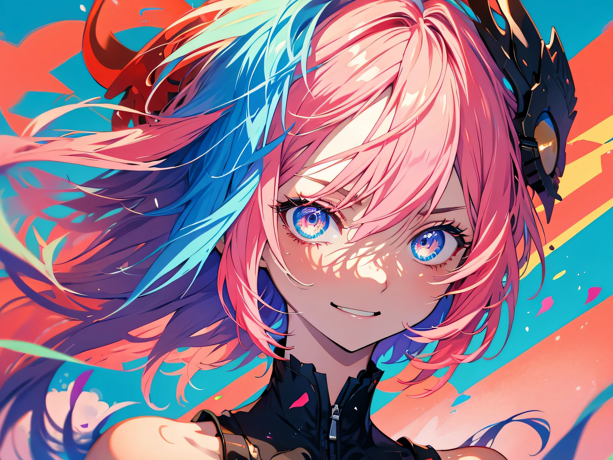 graffiti face, colorful eyes, open your mouth, yandere expression, smile, look at the audience, can'I can't see my hands, pastel colour, thought, ask for help、redhead、short hair、bob hair、clear eyes、No expression、angry face、hair between eyes