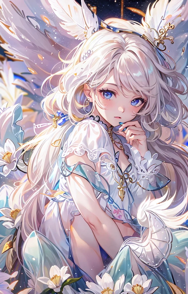 ((highest quality)), ((masterpiece)), (get used to it), perfect face , beautiful girl , Angel , Beautiful white , There are a lot of feathers in the background , flower ,