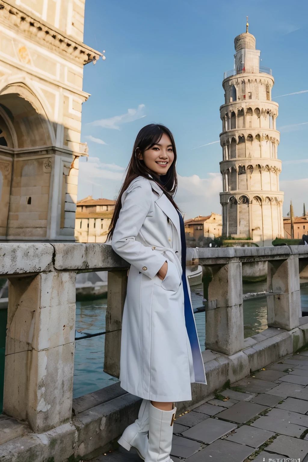 A beautiful 26 year old Indonesian woman smiles sweetly and gently wearing a white coat with high boots. standing close to the beautiful colorful italy tower of pisa. looks like a famous magazine cover girl. the background is a stylish Italian tower of pisa, brought in 2 0 2 0, profile photo, gemma chan, very artistic pose, photo taken on 2 0 2 0