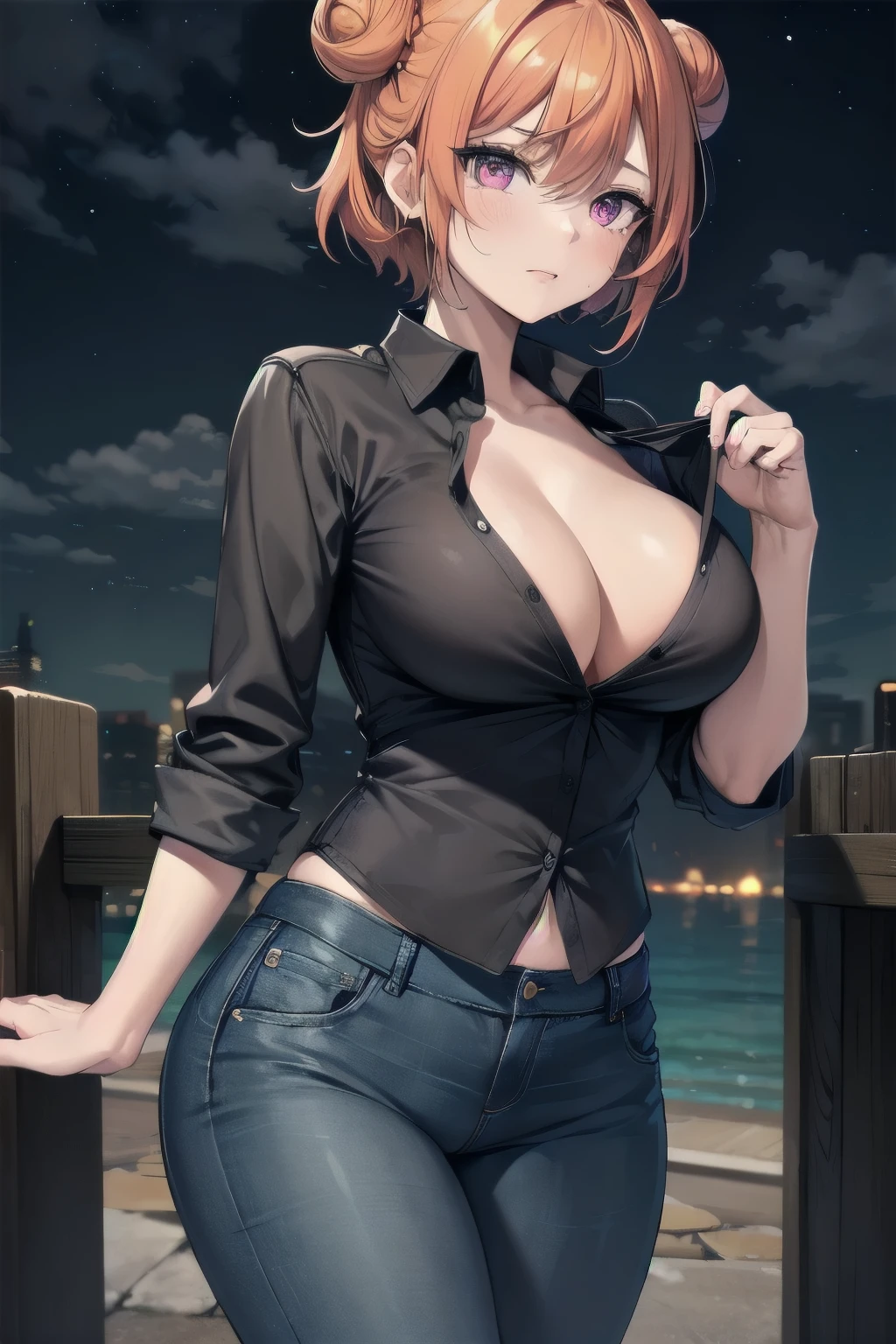 (masterpiece), best quality, expressive eyes, perfect face, 1girl, solo, tomboy, mature female, big breasts, short hair, cleavage, orange hair BREAK hair buns, double buns, pink eyes BREAK sad, crying, tears, standing, black jacket BREAK denim jeans BREAK ((dark clouds, night sky, cloudy sky, clouds, outdoors)), looking at viewer, 