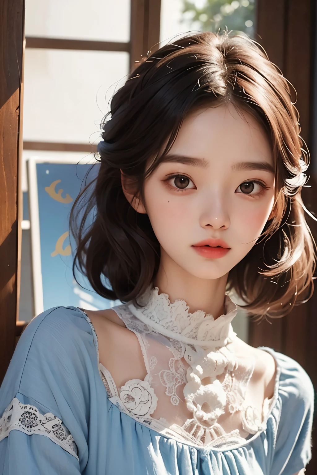 masterpiece, best quality, 8 thousand, 24 years old, photo beast, absurd, award-winning portraits, pure, korean beauty, spring, A colorful and stylish room, laces, cute, right, healthy, Beloved, perfect hands, Innocent Girl, fluttering hair, Random Actions, 무작위 clothes, (clothes:random multi color), Popular hairstyles in Korea,