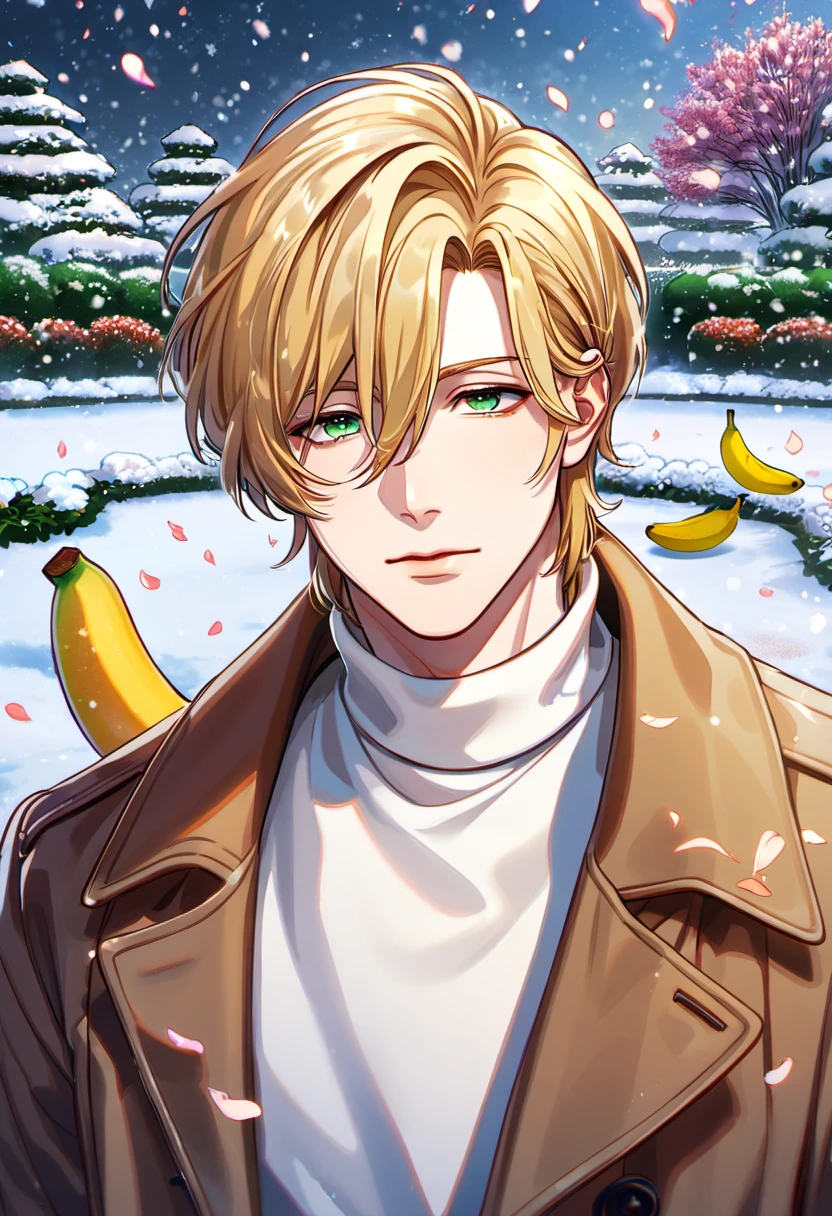 absurdres, highres, ultra detailed, HDR, master piece, best quality, Ash lynx, blond hair, hair between the eyes, expressive green eyes, Banana Fish, brown coat, white turtleneck shirt, 1man, handsome, petals, garden, snow, snowing