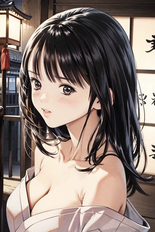 (8K、top-quality、masterpiece:1.2)、(realisitic、ultra-detailliert、超A high resolution、1 girl、see the beholder、beautifull detailed face, looking side glance,layered hair,long black hair,full-face blush、Constriction、(Slim waist) :1.3)、cleavage、Beautiful detailed skin、Skin Texture、Floating hair、Professional Lighting、in Shinto shrine,(Whole human body:1.0),long shot,Kimono dress,off shoulder,winking,wearing random colar