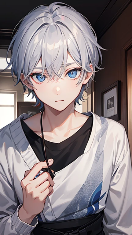 odd eye,blue eyes,red eyes,1 boy,gray hair,Peering,inside the house,,,