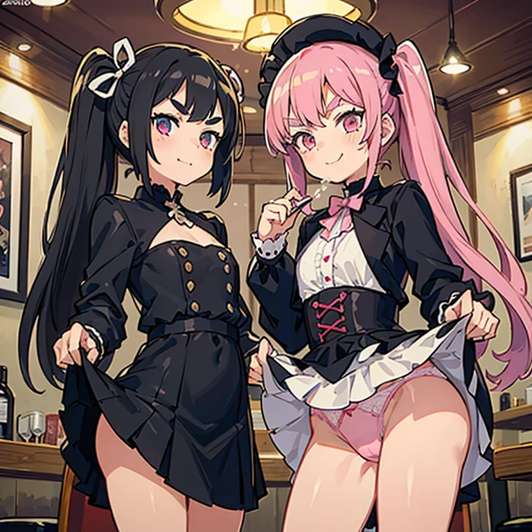 2 Girls with pink hair, long twin-tail hairstyle, ((small pink bushy eyebrows)), dressed in gothic ta clothing, loli(Zankuro) drawing style by zankuro artist, Zancro style, image uploaded to R34, ((flirty smile)) , in restaurant, lifting her dress to show her wide and naked hips, underwear in her hands, ((with a question expression )) semen on mouth