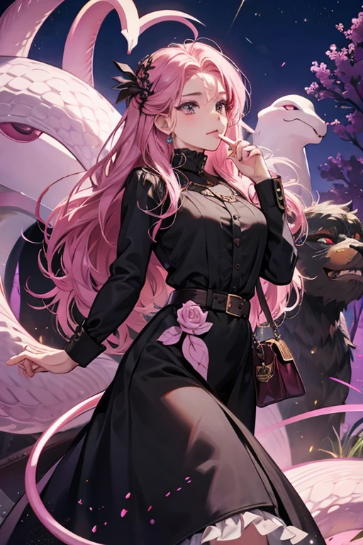 Tracy has white snakes for hair (like Medusa) and black eyes. She wears a pink, long-sleeved dress with a brown belt and carries around a purple handbag. Tracy is considered quite attractive to the park workers.
At the party, Tracy wears a black masquerade mask and a pink, strap-less dress. SPARKLE; GLITTER
