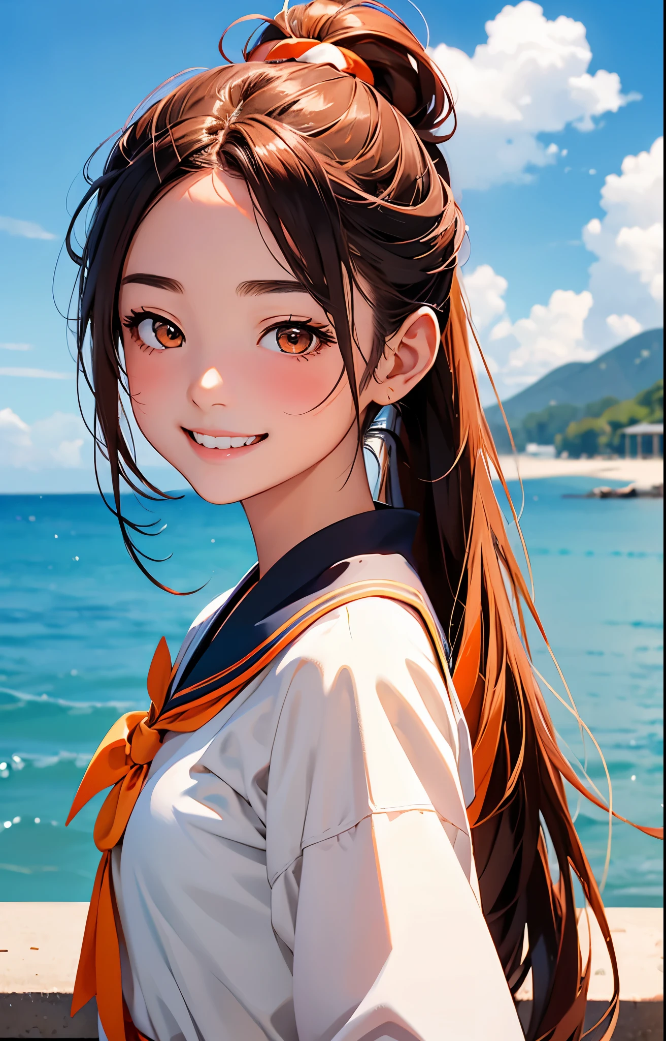 highest quality、realistic、Japanese、girl、zoom、、A big smile、cheerful smile、orange eyes、long ponytail、chestnut hair、all back、The forehead is out、School、summer sailor suit、wave hands、bust shot、slender、small breasts、