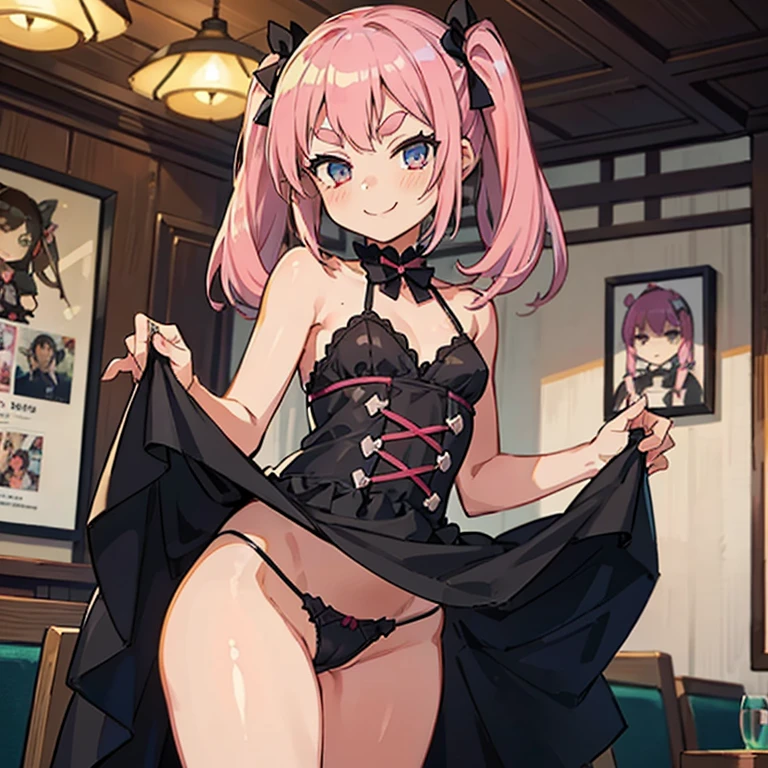 Girl with pink hair, long twin-tail hairstyle, ((small pink bushy eyebrows)), dressed in gothic ta clothing, loli(Zankuro) drawing style by zankuro artist, Zancro style, image uploaded to R34, ((flirty smile)) , in a restaurant , lifting her dress to show her wide, naked hips, naked pussy underwear in her hands, breasts out ,