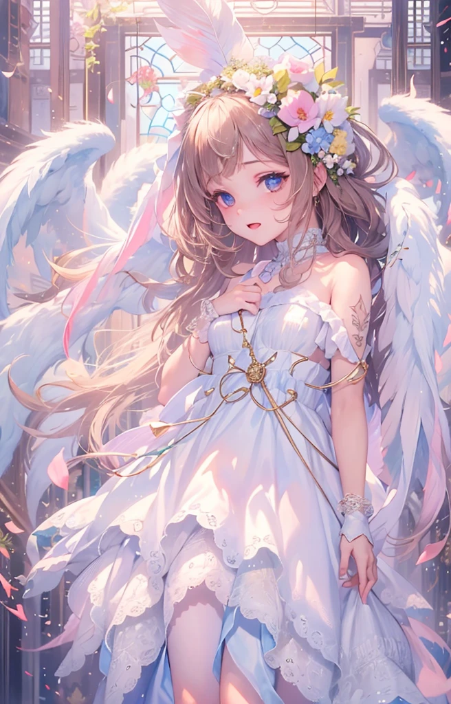 ((highest quality)), ((masterpiece)), (get used to it), perfect face , beautiful girl , Angel , Beautiful white , There are a lot of feathers in the background , flower ,