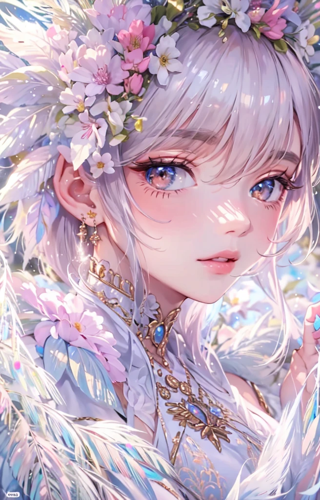 ((highest quality)), ((masterpiece)), (get used to it), perfect face , beautiful girl , Angel , Beautiful white , There are a lot of feathers in the background , flower ,