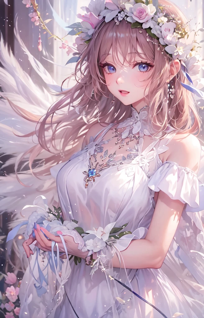 ((highest quality)), ((masterpiece)), (get used to it), perfect face , beautiful girl , Angel , Beautiful white , There are a lot of feathers in the background , flower ,