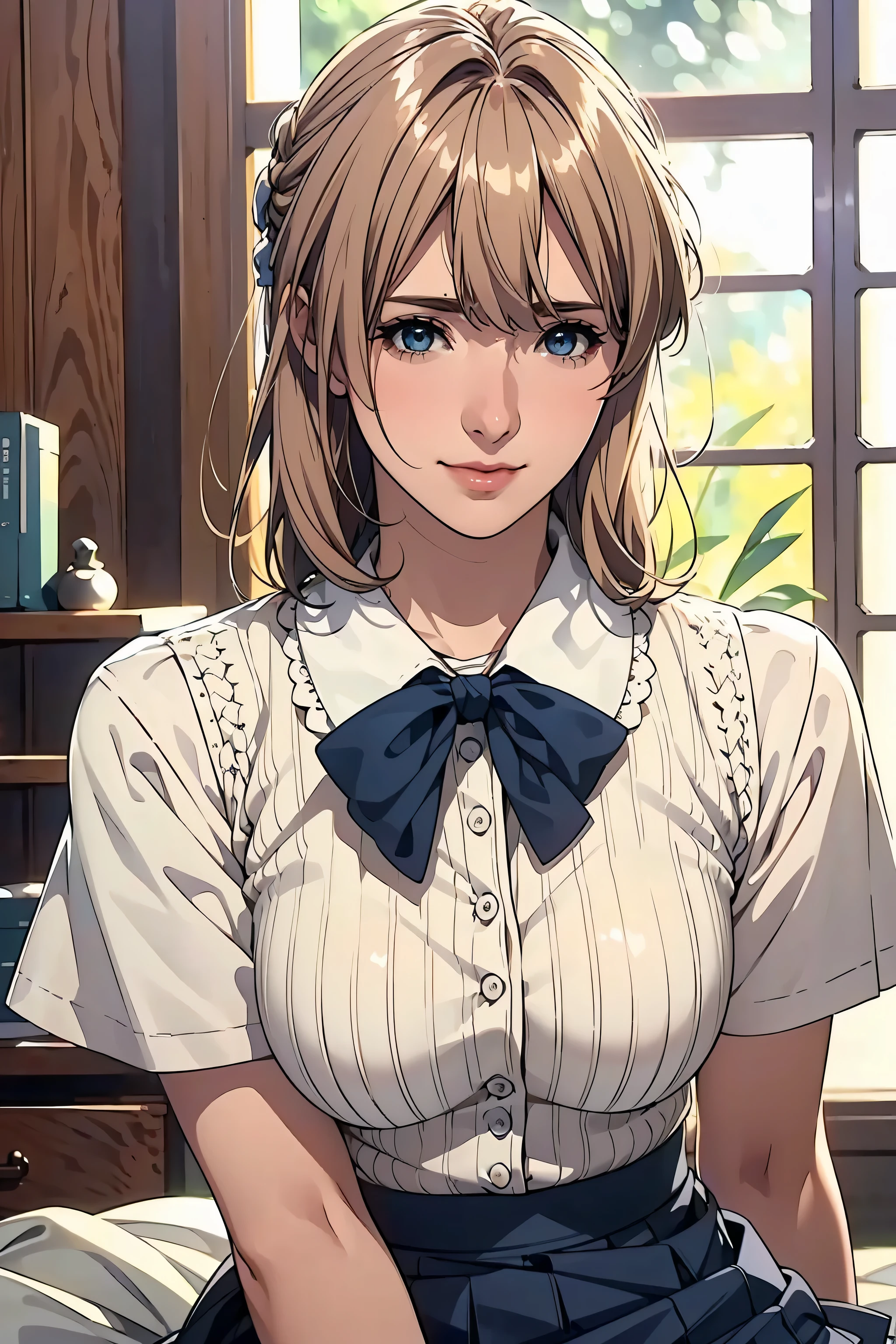 (masterpiece:1.2, highest quality), (realistic, photorealistic:1.4), beautiful illustrations, (natural side lighting, movie lighting), Depth of written boundary, 
looking at the viewer, (face focus, Upper body), Front view, 1 girl, English, high school girl, 15 years old, perfect face, Cute symmetrical face, shiny skin, 
(bob hair:1.7,blonde), asymmetrical bangs, Big eyes, droopy eyes, long eyelashes chest), thin, 
beautiful hair, beautiful face, fine and beautiful eyes, beautiful clavicle, beautiful body, beautiful breasts, beautiful thighs, beautiful feet, beautiful fingers, 
((fine fabric texture, Brown knitted vest, short sleeve white collar shirt, navy pleated skirt, Navy bow tie)), 
(beautiful scenery), evening, (Inside the flower shop), Are standing, (smile, Upper grade, open your mouth),  (((skirt lift, I can see your panties)))