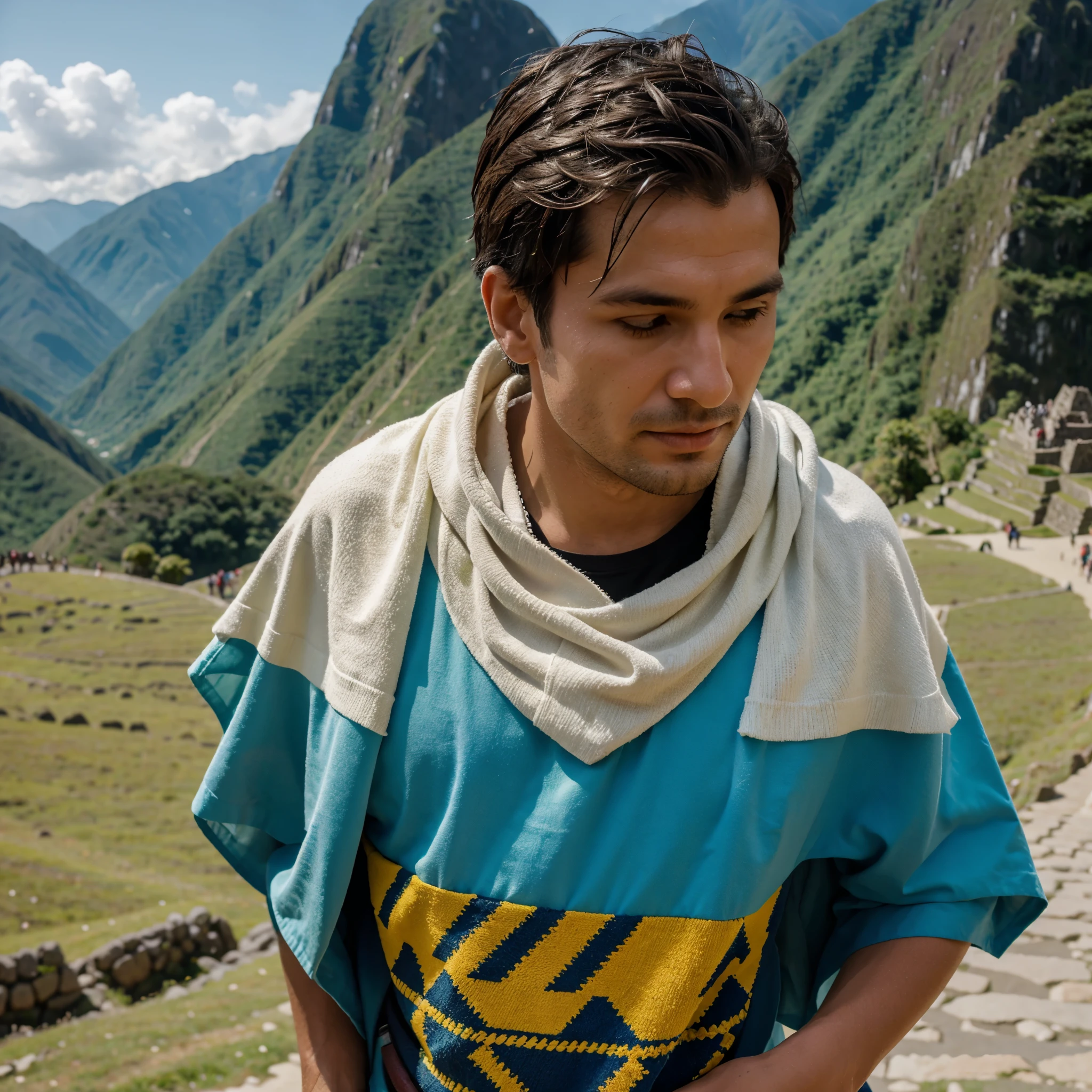 enzo vogrincic usando un chullo y poncho peruano en machuca picchu