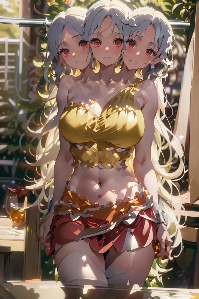 (masterpiece, best quality), best quality, (ultra-detailed), (3heads:1.5), 1girl, (nemuno sakata:1.3), masterpiece, best quality, ultra detail, ultra resolution, ultra detail, yellow/gold and orange top, crop top, ((stomach)), midriff, ((groin)), red skirt, normal ears, shackles, waist-length grey hair, very long hair, wavy hair, sidelocks, red eyes, very detailed eyes, parted lips, sweat, cute, open belly, toned belly, hand on own chest, eyelashes, (24 year old woman:1.3), (masterpiece:1.5), (best quality:1.5), (beautiful detailed extremely detailed CG, extremely delicate and beautiful, depth of field, (finely detailed face), (perfect details:1.2), (mature female:1.4), wide pelvis, slender, large veiny breast, 16k resolution, highres, very high quality, very high definition, extremely detailed, masterpiece, waist-length grey hair, long hair, alluring presence, braid, short skirt, close up, big tits, young,