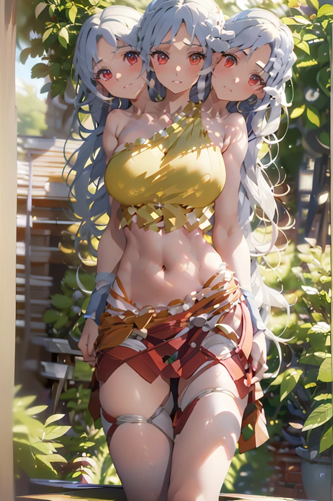 (masterpiece, best quality), best quality, (ultra-detailed), (3heads:1.5), 1girl, (nemuno sakata:1.3), masterpiece, best quality, ultra detail, ultra resolution, ultra detail, yellow/gold and orange top, crop top, ((stomach)), midriff, ((groin)), red skirt, normal ears, shackles, waist-length grey hair, very long hair, wavy hair, sidelocks, red eyes, very detailed eyes, parted lips, sweat, cute, open belly, toned belly, hand on own chest, eyelashes, (24 year old woman:1.3), (masterpiece:1.5), (best quality:1.5), (beautiful detailed extremely detailed CG, extremely delicate and beautiful, depth of field, (finely detailed face), (perfect details:1.2), (mature female:1.4), wide pelvis, slender, large veiny breast, 16k resolution, highres, very high quality, very high definition, extremely detailed, masterpiece, waist-length grey hair, long hair, alluring presence, braid, short skirt, close up, big tits, young,