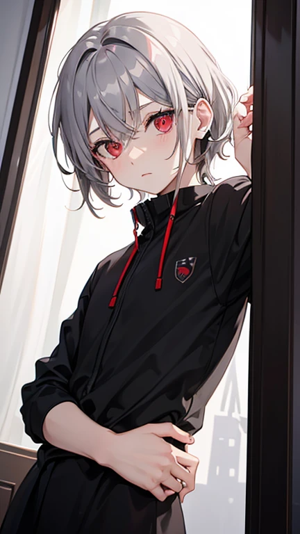 odd eye,red eye,1 boy,gray hair,Peering,inside the house,young,,