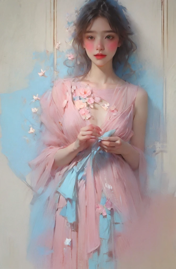 1girls,floral, Lycianthus ,In light pink and light blue styles..., Dreamy and romantic composition..., dripping flowers on her face, in the style of collage-based, made of insects, william wegman, colorism, white background, pencil art illustrations, national geographic photo