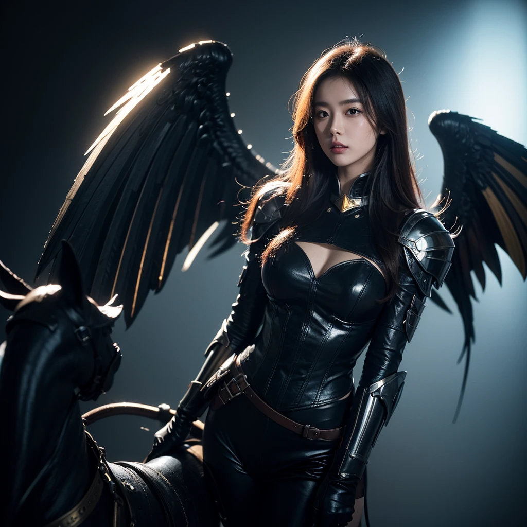 1 girl,Dark Angel Warrior,(((Behind it were a pair of large black half-wings.))),black titanium,metal wishbone)),((black gold metal armor)),Highly detailed,(Beautiful face),perfect face,red hair,Black and gold greatsword,Futuristic technical background,indifferent、far、on a high horse,atmosphere、Macro,realistic,HDR(high dynamic range)、Ray traching、NVIDIA RTX、high resolution、Illusion 5、Sub-surface scattering、After the process、Anisotropy filtering、Maximum depth of field and clarity,surface coloring、Accurately simulates light-material interactions.、perfect proportions、Displayed with octane value、large aperture、Low ISO value、white balance、Third rule、8K raw data、Light and contrasting colors