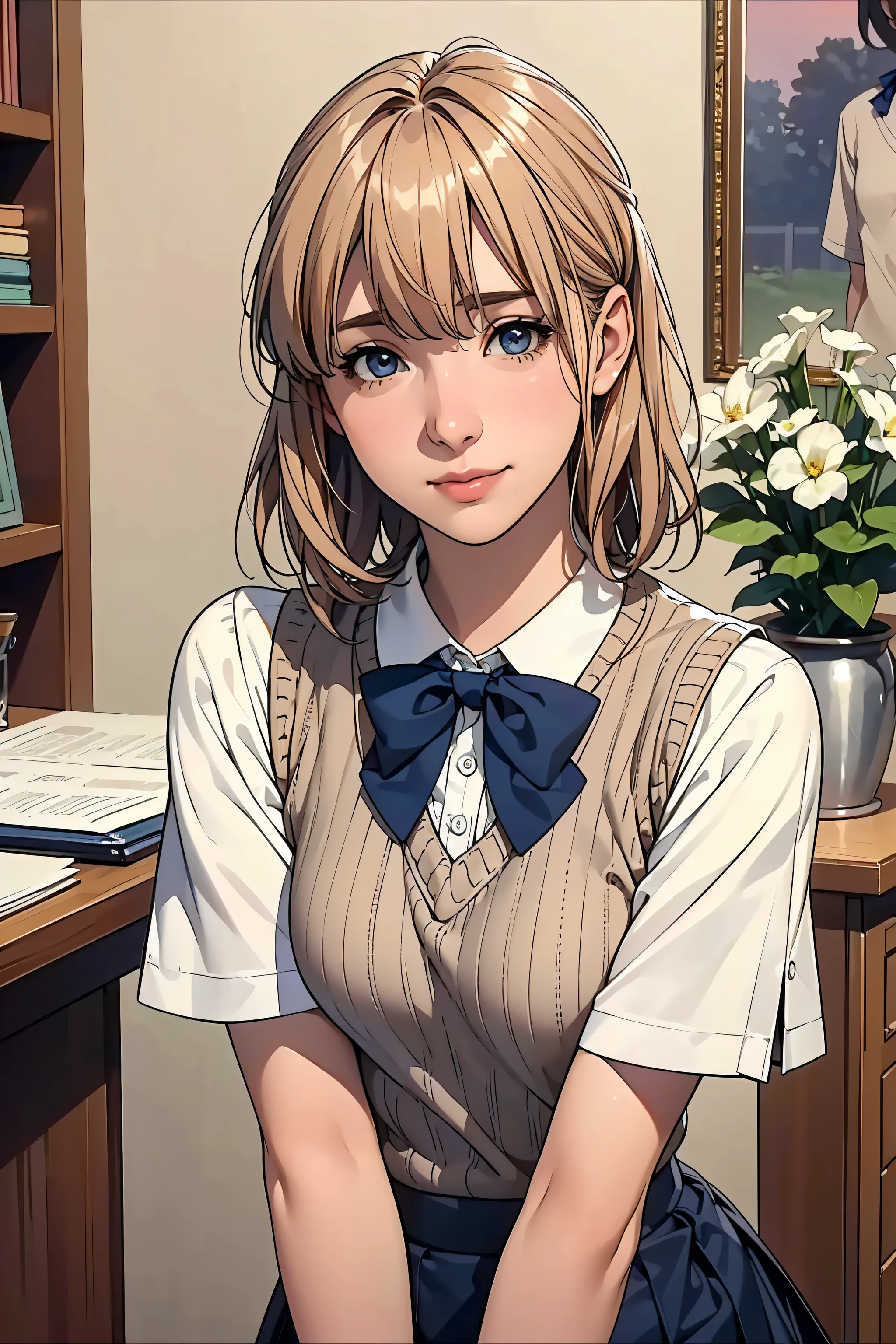 (masterpiece:1.2, highest quality), (realistic, photorealistic:1.4), beautiful illustrations, (natural side lighting, movie lighting), Depth of written boundary,
looking at the viewer, (face focus, Upper body), Front view, 1 girl, English, high school girl, 15 years old, perfect face, Cute symmetrical face, shiny skin,
(bob hair:1.7,blonde), asymmetrical bangs, Big eyes, droopy eyes, long eyelashes chest), thin,
beautiful hair, beautiful face, fine and beautiful eyes, beautiful clavicle, beautiful body, beautiful breasts, beautiful thighs, beautiful feet, beautiful fingers,
((fine fabric texture, Brown knitted vest, short sleeve white collar shirt, navy pleated skirt, Navy bow tie)),
(beautiful scenery), evening, (Inside the flower shop), Are standing, (smile, Upper grade, open your mouth), (((skirt lift, I can see your panties)))