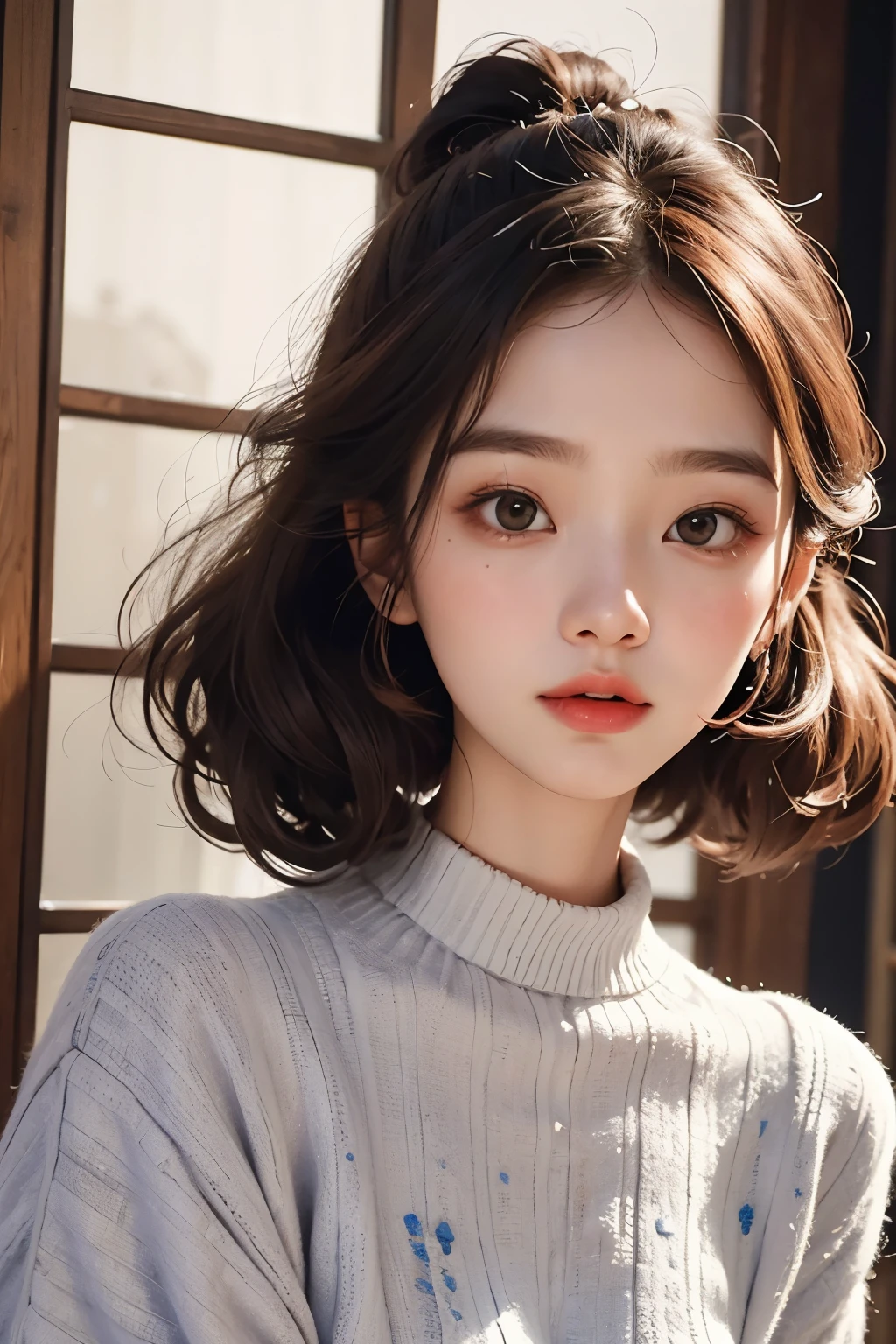 masterpiece, best quality, 8 thousand, 24 years old, photo beast, absurd, award-winning portraits, pure, korean beauty, spring, A colorful and stylish room, laces, cute, right, healthy, Beloved, perfect hands, Innocent Girl, fluttering hair, Random Actions, 무작위 clothes, (clothes:random multi color), Popular hairstyles in Korea,