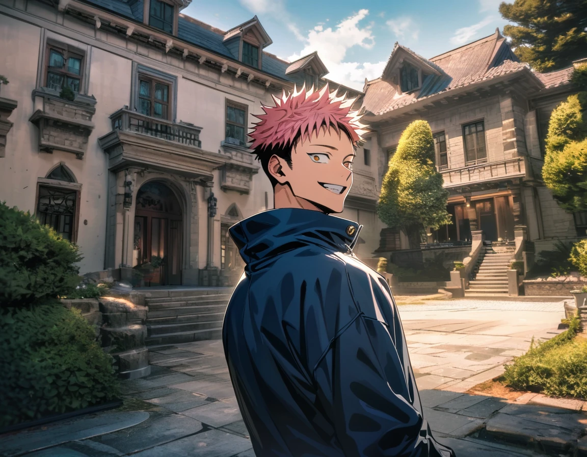 Ultra detailed, Highres, absurdres, HDR, Itadori Yuji, pink hair, brown eyes, blue jacket, white t-shirt, Jujutsu Kaisen, smiling, handsome, mansion, 1 man only,