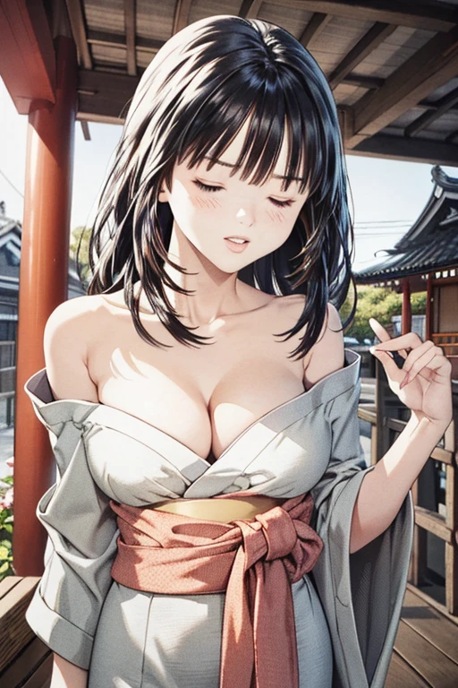 (8K、top-quality、masterpiece:1.2)、(realisitic、ultra-detailliert、超A high resolution、1 girl、see the beholder、beautifull detailed face,Gazing Skyward,closed eyes ,layered hair,long black hair,full-face blush、Constriction、(Slim waist) :1.3)、cleavage、Beautiful detailed skin、Skin Texture、Floating hair、Professional Lighting、in Shinto shrine,(Whole human body:1.0),long shot,Kimono dress,off shoulder,winking,wearing random colar