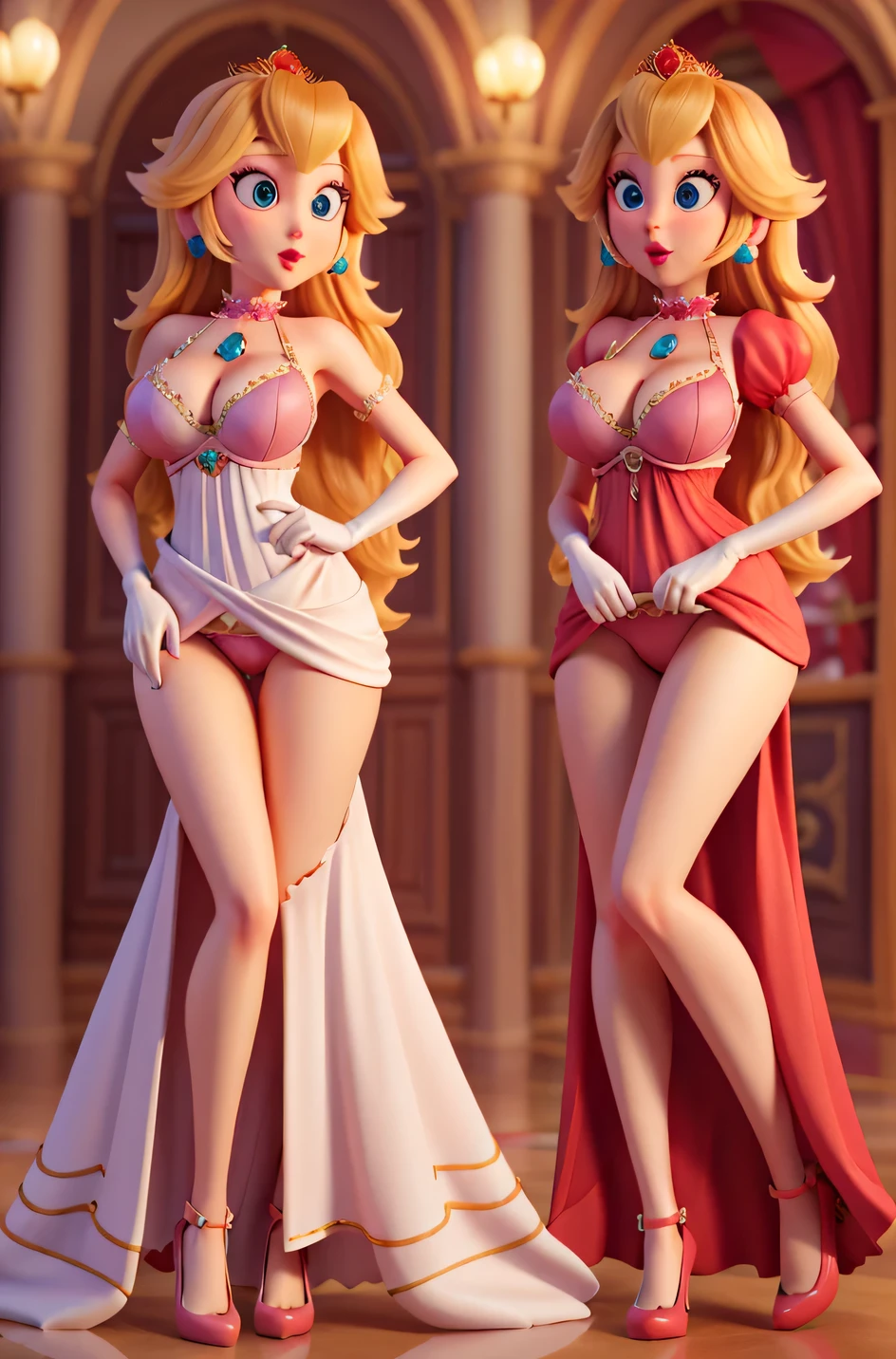detailed textures in high quality,Prinzessin Peach,long sexy long dress, short top, big breasts, deep cleavage, peach clothes, sexy, sexy underwear, sexy bra, ripped dress,