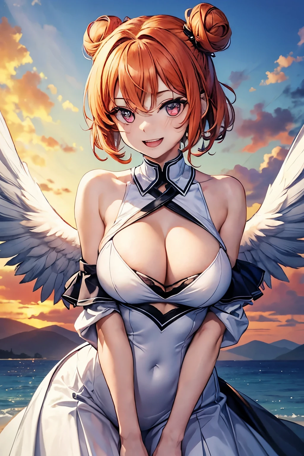 (masterpiece), best quality, expressive eyes, perfect face, 1girl, solo, tomboy, mature female, big breasts, short hair, cleavage, orange hair BREAK hair buns, double buns, pink eyes BREAK smile, open mouth, :D, angel wings, feathered wings, white wings BREAK white dress BREAK cleavage cutout, background sky, clouds, cloudy sky, daytime, sleeveless, bare shoulders