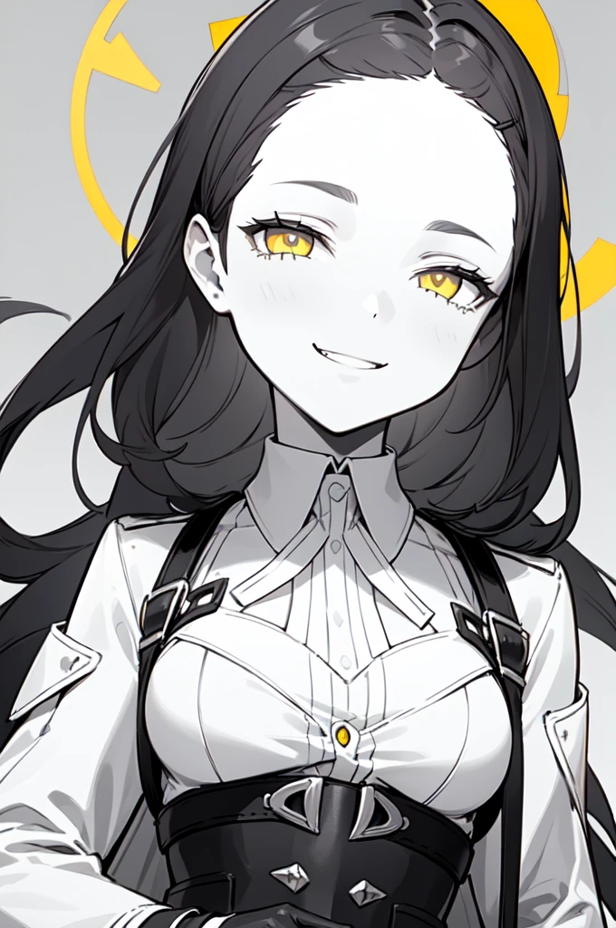 (((colored yellow eyes with greyscale background))), 1girl, woman, solo, long hair, big hair, (forehead:1.2), (round sunglasses:1.19), yellow eyes, medium breasts, devilish grin from below, white hair, (overcoat, black coat, open coat:1.2), white shirt, collared shirt, (chest harness, shoulder strap:1.15), black leather shorts, garter belt, gloves, ((from below)), elegant, looking at viewer, standing, chromatic aberration, (close-up to face:1.2), face only masterpiece, best quality, 4k