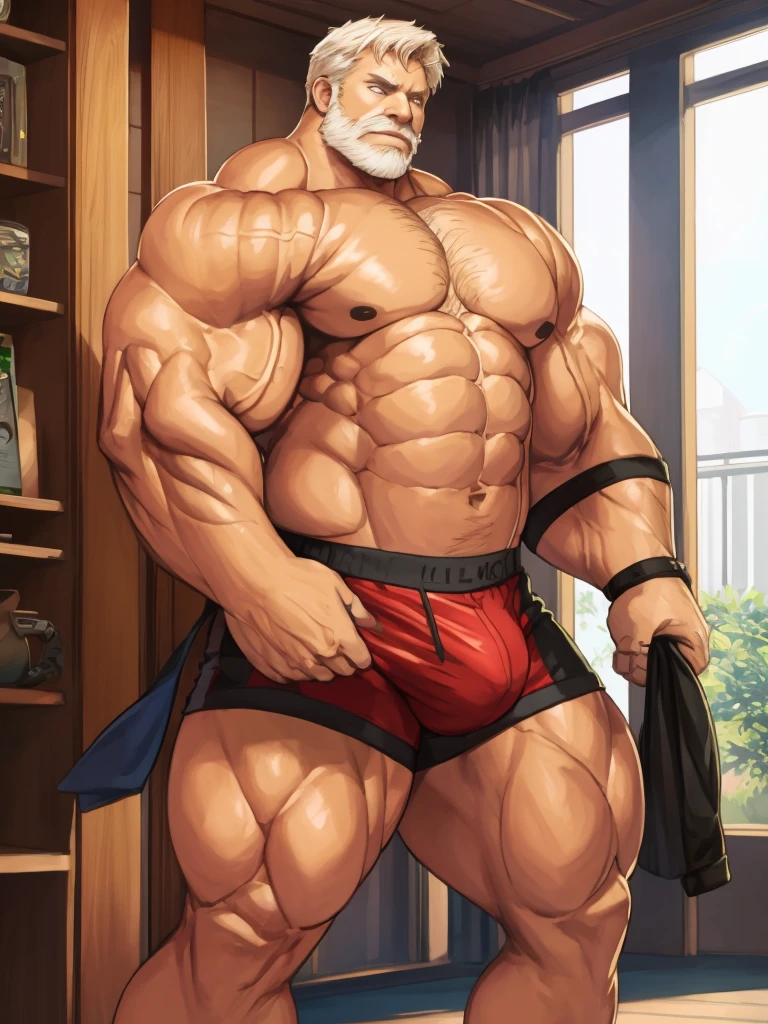 Wide medium shots, ground level camera shot, (best quality, 4k,8k, highres, masterpiece:1.2), ultra-d etailed, (realistic,photorealistic,photo-realistic:1.37).,((hyper muscular)) old man showing strong muscle in podium, black underpants , hyper muscle, hyper pectoral, hyper bicep, hyper arms, bulge, white and short hair, super thick arms, super big pectoral, super wide pectoral, topless, shirtless. 