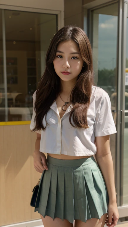 A high school girl wearing a short pleated skirt、The chest is exposed、