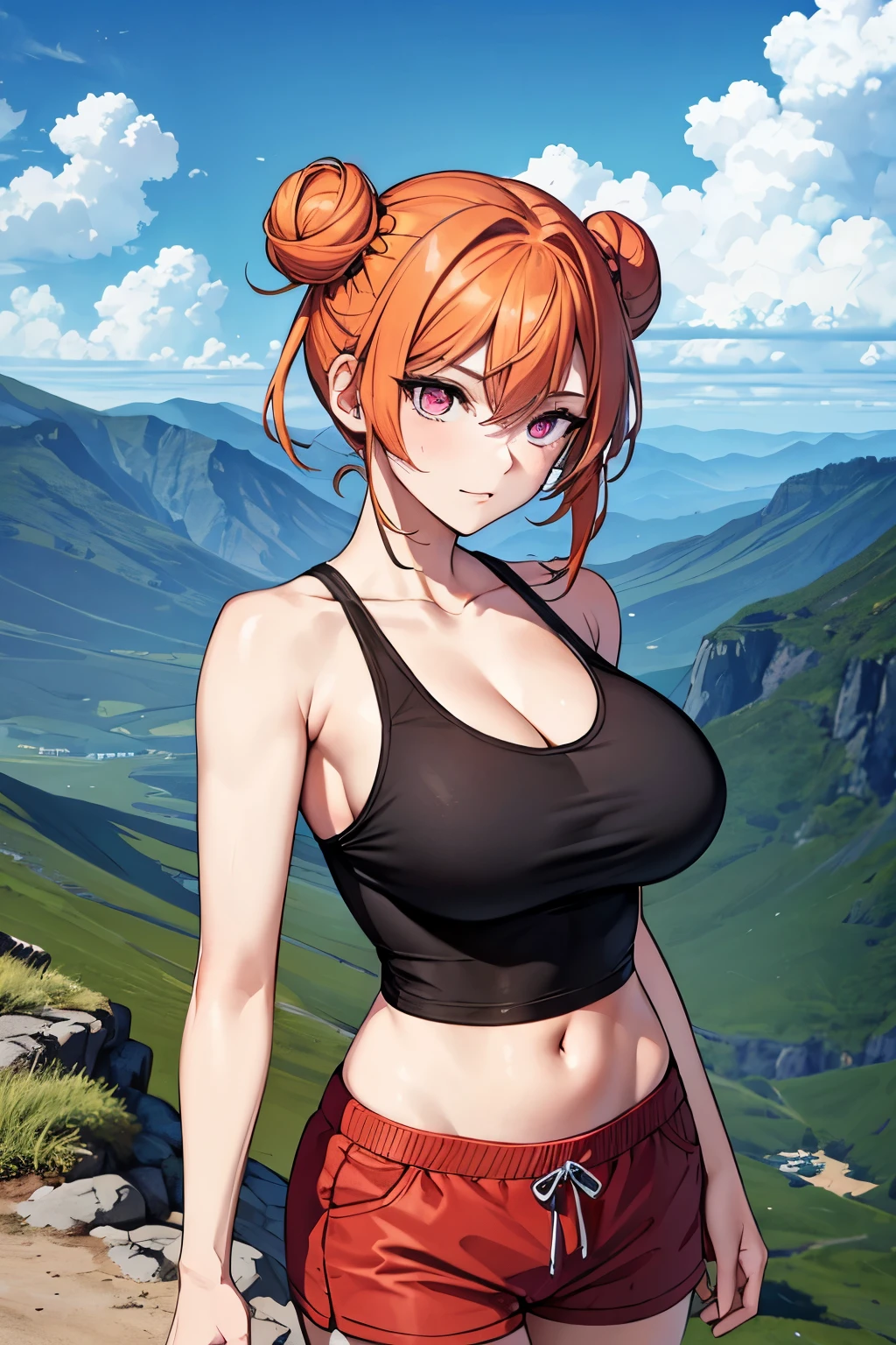 (masterpiece), best quality, expressive eyes, perfect face, 1girl, solo, tomboy, mature female, big breasts, short hair, cleavage, orange hair BREAK hair buns, double buns, pink eyes BREAK (hike), mountains, mountainous road, cloudy sky, rocks, black tank top BREAK red shorts BREAK standing, walking, sneakers, looking away, navel 