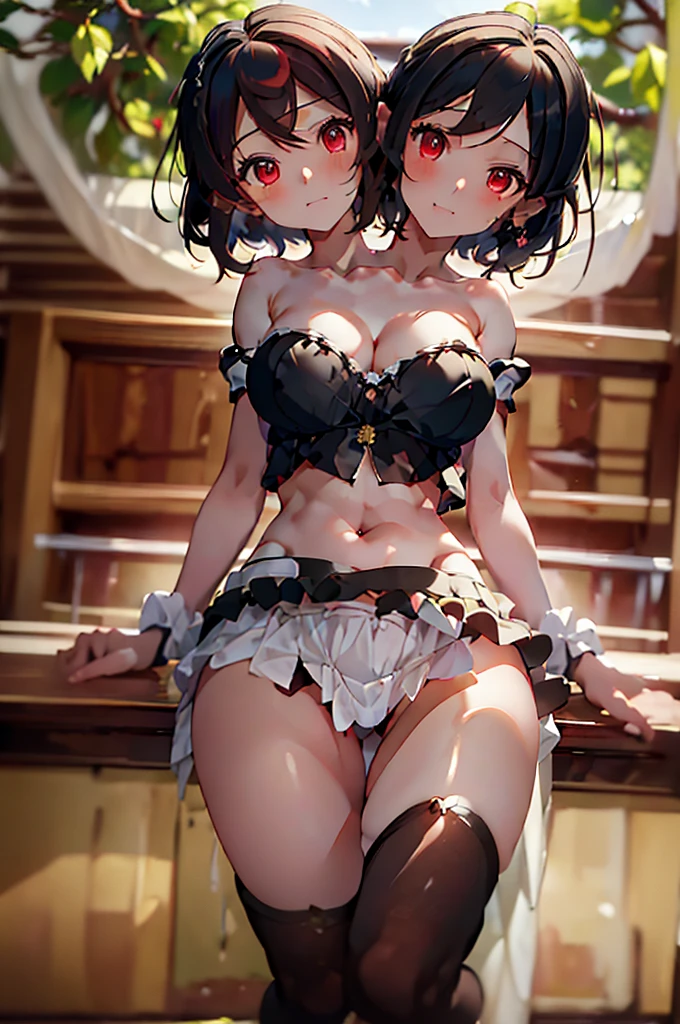 (masterpiece, best quality),best quality, (ultra-detailed), (3heads:1.5), 1girl, (shameimaru aya:1.3), masterpiece, best quality, ultra quality, ultra resolution, ultra detail, white top, crop top, ((stomach)), midriff, ((groin)), naval, black skirt, normal ears, shackles, brown hair, very long hair, wavy hair, sidelocks, red eyes, parted lips, sweat, cute, toned belly, hand on own chest, eyelashes, (24 year old woman:1.3), (masterpiece:1.5), (best quality:1.5), (beautiful detailed), extremely detailed CG, extremely delicate and beautiful, depth of field, (finely detailed face), (perfect details:1.2), (mature female:1.3), wide pelvis, slender, large veiny breast, 16k resolution, highres,high quality, high definition, extremely detailed, masterpiece, black hair, long hair, alluring presence, braid, short skirt, close up, big tits, young, bird wings, black ribbon,