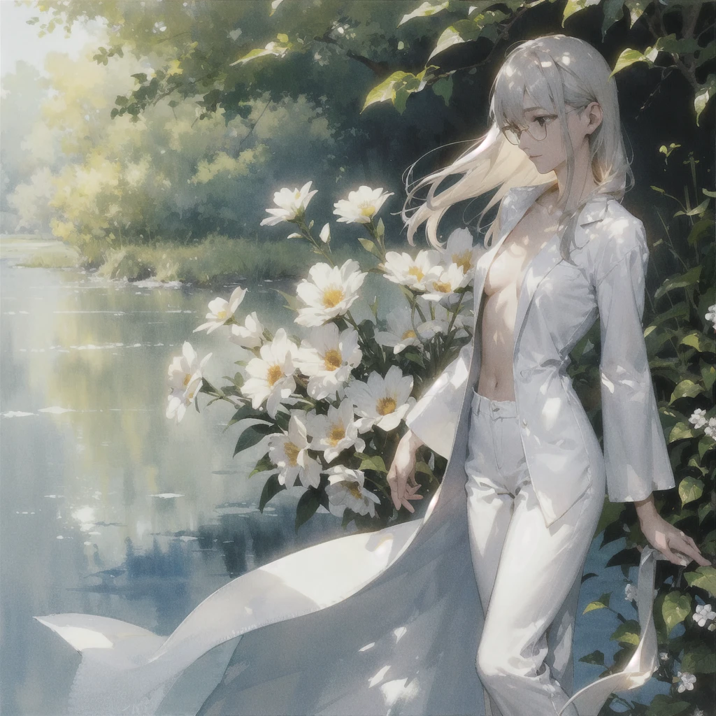 Exquisite slender gentle girl of 20 years old with a perfect very beautiful delicate face with straight blond silver hair (with purple eyes) naked with tender breasts in the rays of the rising sun (Barefoot) (in a white long skirt) (((with beautiful soft small naked breasts with pink naked nipples))) drinking on the veranda in the garden (Coffee) and looks at the flowers, in watercolor style, discreet light shades, Flares, imitation of film photography, against the sun, a lot of sun glare, light fills the frame