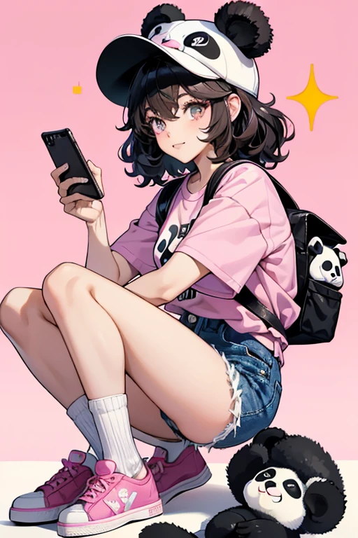 Amanda has black, puffy hair and fair complexion and wears eyeliner. She wears a panda-shaped hat and a pink shirt with matching denim shorts. For her footwear, Amanda wears low-cut socks and brown shoes. She can be seen wearing a panda backpack and possesses a phone with a casing designed with a panda in pink background. SPARKLE; GLITTER