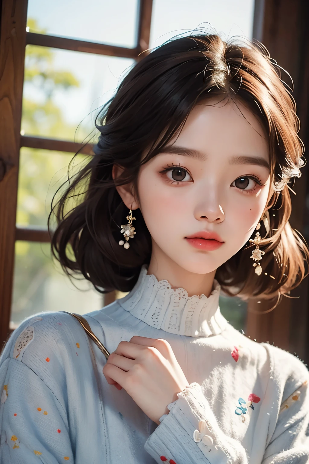 masterpiece, best quality, 8 thousand, 24 years old, photo beast, absurd, award-winning portraits, pure, korean beauty, spring, A colorful and stylish room, laces, cute, right, healthy, Beloved, perfect hands, Innocent Girl, fluttering hair, Random Actions, 무작위 clothes, (clothes:random multi color), Popular hairstyles in Korea,