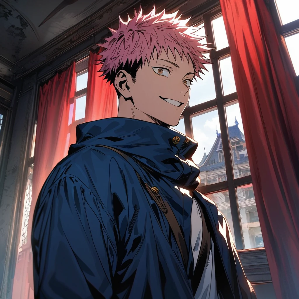 Ultra detailed, Highres, absurdres, HDR, Itadori Yuji, pink hair, brown eyes, blue jacket, white t-shirt, Jujutsu Kaisen, smiling, handsome, mansion, 1 man only, window, red curtains,