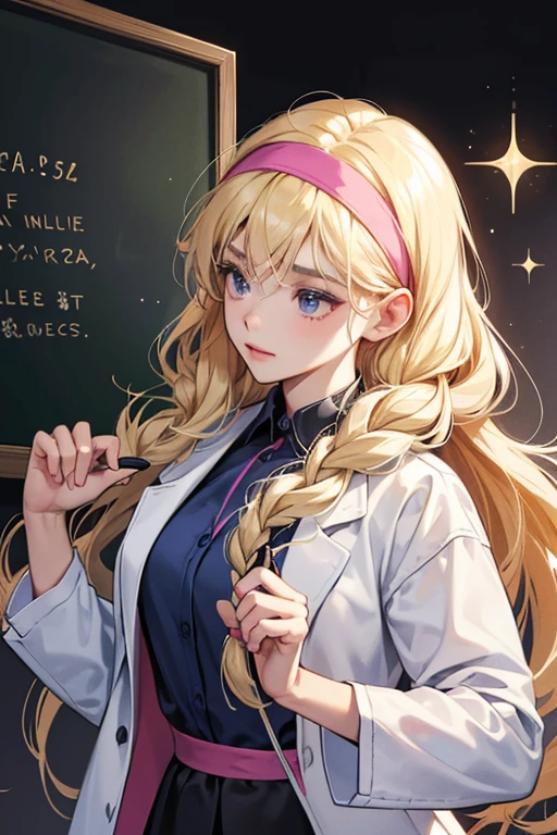 Although she is mostly seen in monochrome filtered flashbacks, she has light skin, long, blonde hair that had been braided, black eyes and eyeliner, a lab coat with a blue shirt underneath and a dark pink headband, which is shown in the pictures on the Mad Scientist's chalkboard. SPARKLE; GLITTER