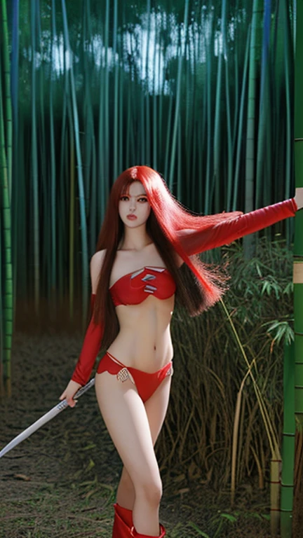 mulher arafa em uma roupa roxa e vermelha segurando uma espada, cosplay de anime, Matsumoto de Blich, cosplay de anime, heroic landing pose, espada desembainhada antes do ataque, lindas coxas grossas, cabelo longo rosa, 3/4 corpo, olhos amarelos, animes realistas, on a bamboo forest background at night with little mist and little fog,