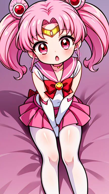Sailor Moon,childhood,Young,Seven years old,Cute little ,Pink hair twintails,red eyes,short hair,Sailor suit,bow tie,White elbow gloves,Red Skirt,lie down,no shoes,Open your mouth,white pantyhose