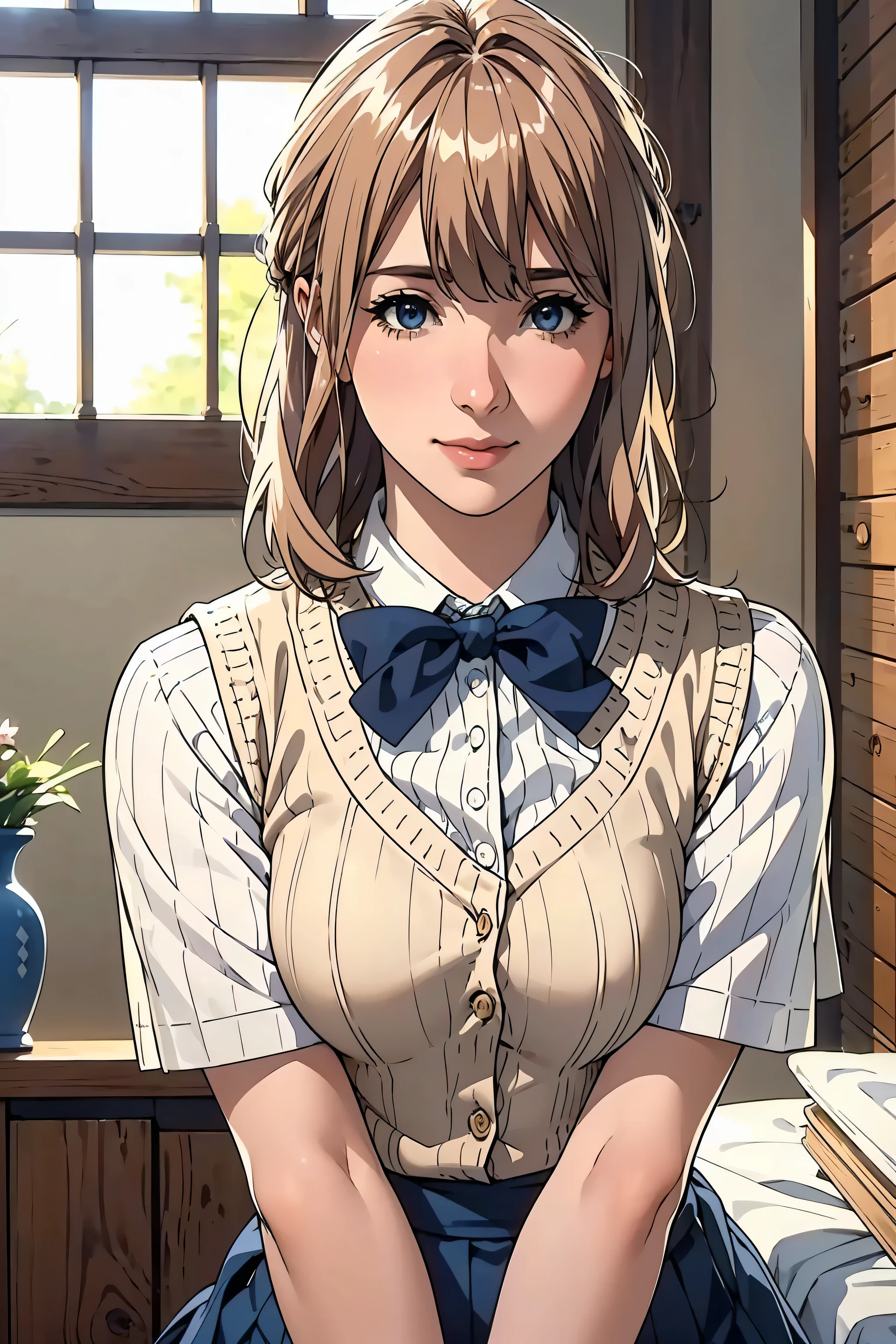 (masterpiece:1.2, highest quality), (realistic, photorealistic:1.4), beautiful illustrations, (natural side lighting, movie lighting), Depth of written boundary, 
looking at the viewer, (face focus, Upper body), Front view, 1 girl, English, high school girl, , perfect face, Cute symmetrical face, shiny skin, 
(bob hair:1.7,blonde), asymmetrical bangs, Big eyes, droopy eyes, long eyelashes chest), thin, 
beautiful hair, beautiful face, fine and beautiful eyes, beautiful clavicle, beautiful body, beautiful breasts, beautiful thighs, beautiful feet, beautiful fingers, 
((fine fabric texture, Brown knitted vest, short sleeve white collar shirt, navy pleated skirt, Navy bow tie)), 
(beautiful scenery), evening, (Inside the flower shop), Are standing, (smile, Upper grade, open your mouth),  (((skirt lift, I can see your panties)))