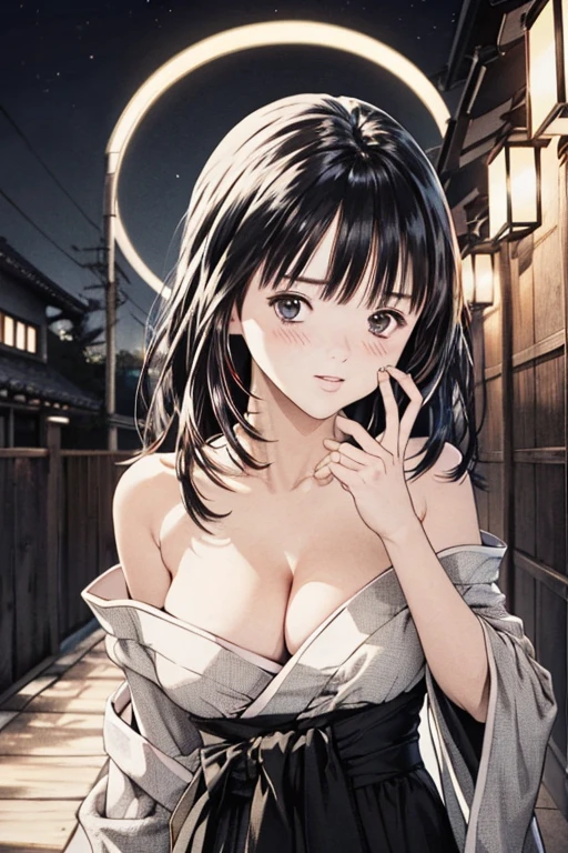 (8K、top-quality、masterpiece:1.2)、(realisitic、ultra-detailliert、超A high resolution、1 girl、see the beholder、beautifull detailed face,Gazing at Something Off-Frame,at night ,layered hair,long black hair,full-face blush、Constriction、(Slim waist) :1.3)、cleavage、Beautiful detailed skin、Skin Texture、Floating hair、Professional Lighting、in Shinto shrine,(Whole human body:1.0),long shot,Kimono dress,off shoulder,winking,wearing random colar