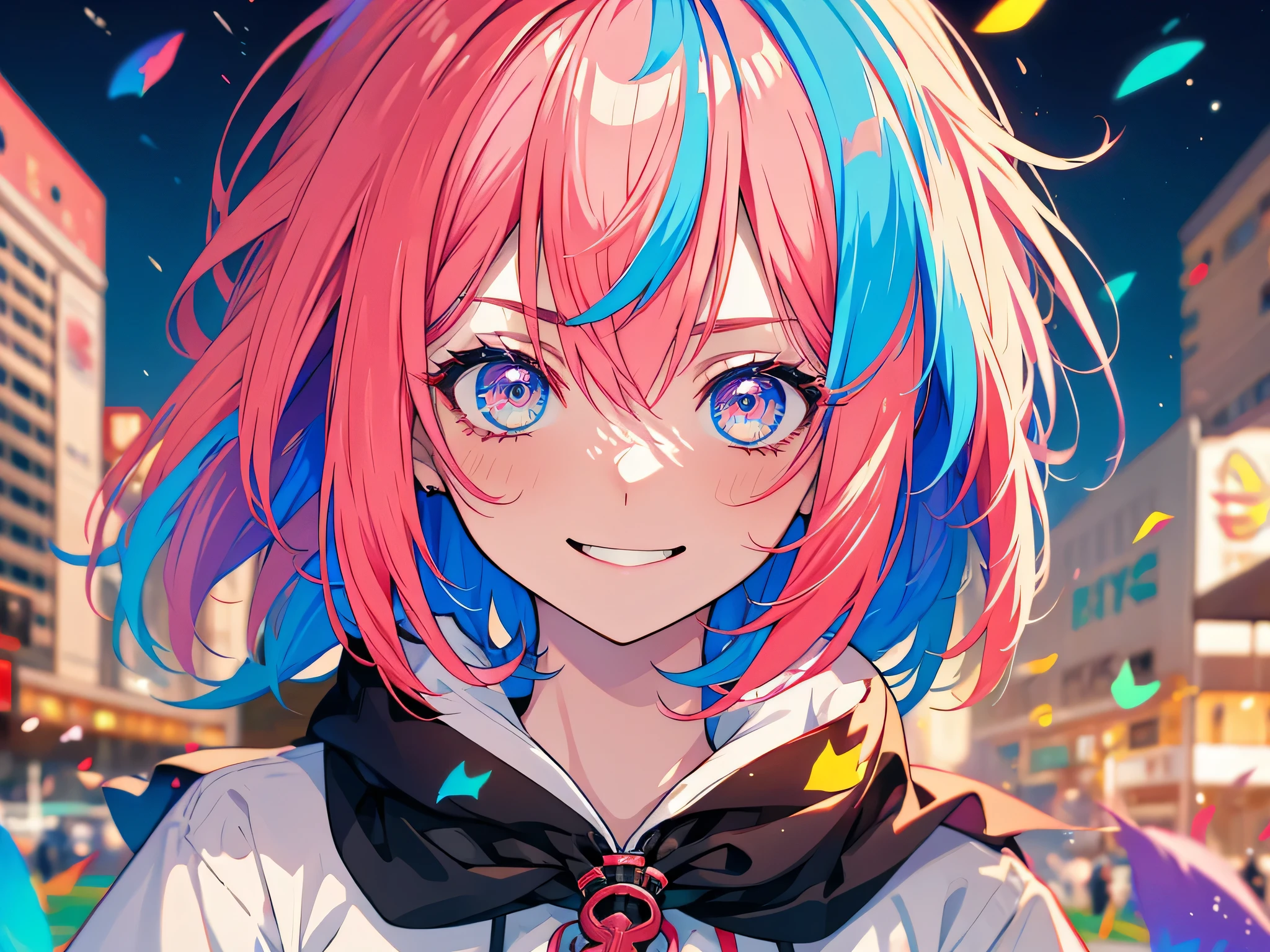 graffiti face, colorful eyes, open your mouth, yandere expression, smile, look at the audience, can'I can'I can't see my hands, pastel colour, thought, ask for help、(red hair)、short hair、bob hair、clear eyes、No expression、angry face、hair between eyes、Song、((Close ~ eyes))、A big smile